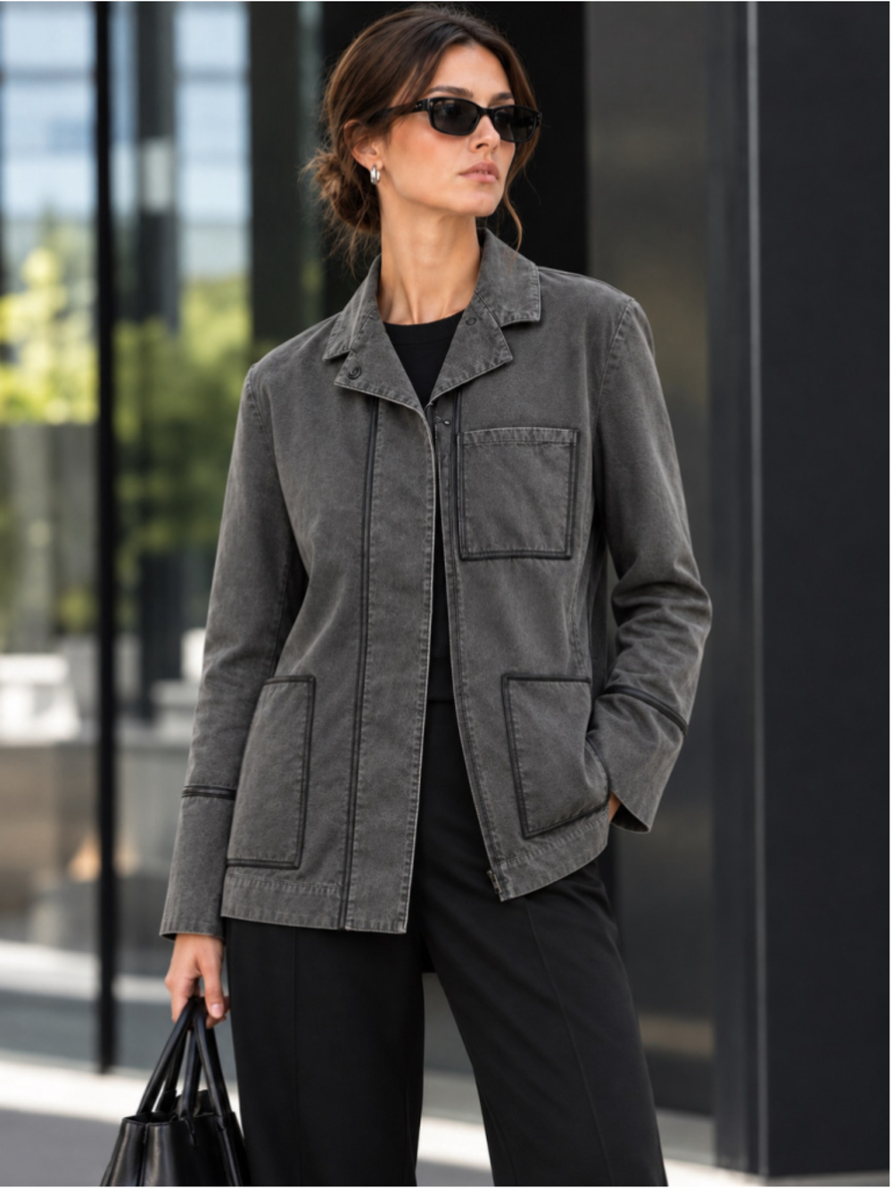 Annette Gortz Jacket Women 10 Tori Lamb Leather Trim Avant Garde Lagenlook Gray